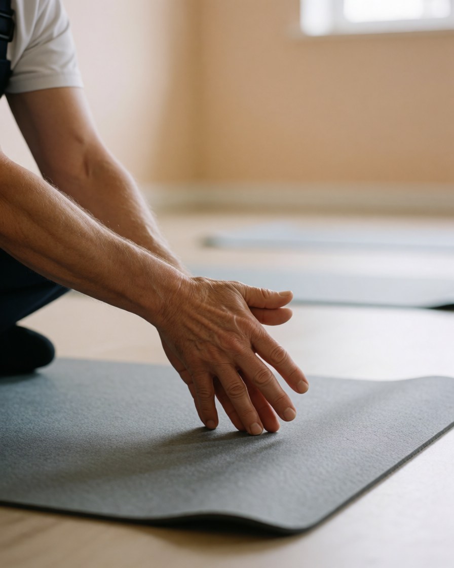 Close-up of hands stretching on a gray yoga mat in a gym with beige walls and natural light, preparing for a climbing class.