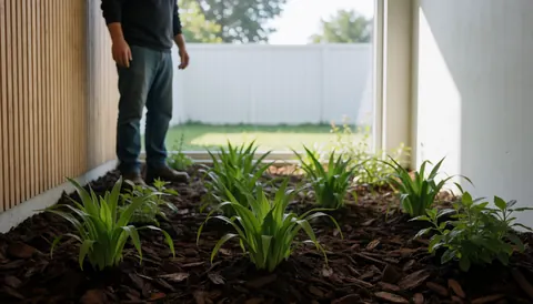 Gardener observing young plants in wood mulch near a board wall and white fence garden