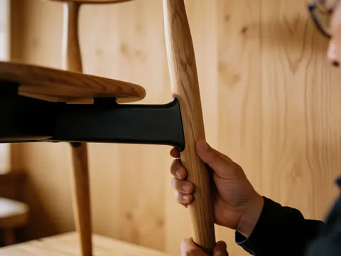 Close-up of a hand tightening the wood and metal joint on a designed chair, featuring warm lighting and wooden background details.