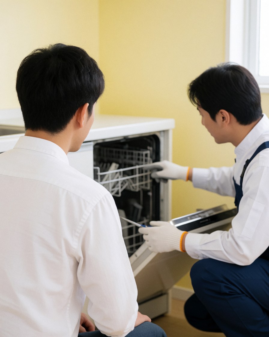 Technician with gloves explains washing machine repair to client in kitchen with light yellow walls
