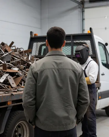 Back view of a customer looking at a truck loaded with scrap metal in a recycling workshop with a worker wearing a welding helmet in the background