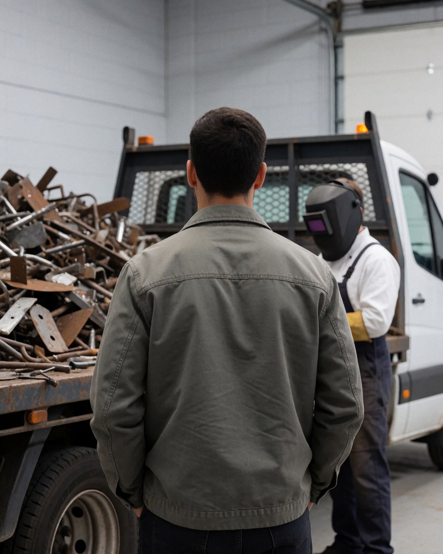 Back view of a customer looking at a truck loaded with scrap metal in a recycling workshop with a worker wearing a welding helmet in the background