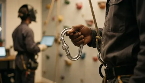 Rock climbing coach holding a carabiner in a gym with a climbing wall, focused on safety equipment.