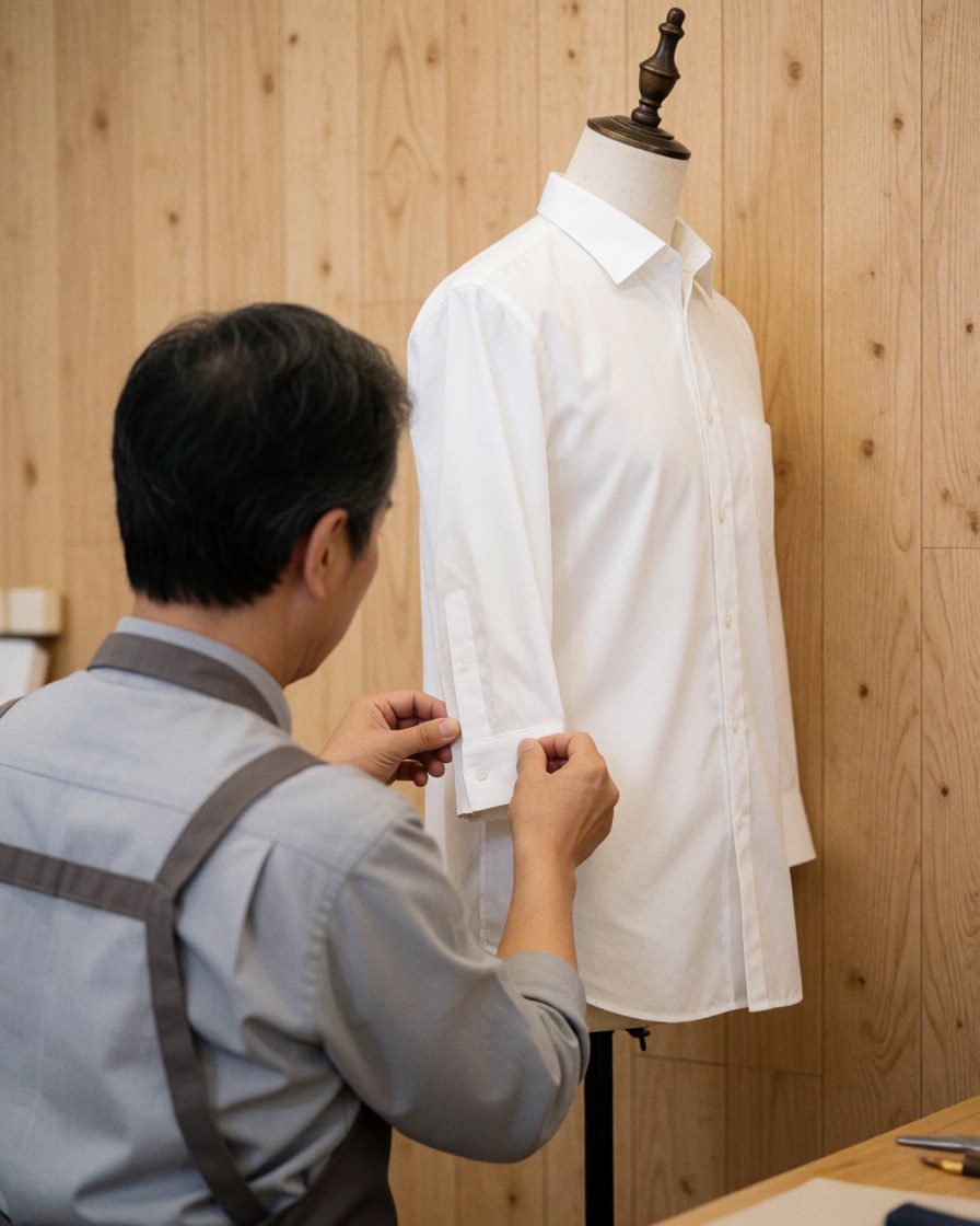 Tailor adjusting the sleeve of a white shirt on a mannequin in a workshop with wooden panels.