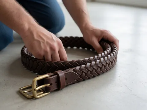 Close-up of a braided leather equestrian belt with bronze hardware resting on concrete, highlighting tools for an equestrian center.