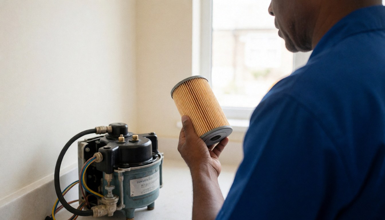 Technician holding a new drain filter in front of a refrigerator compressor in a kitchen with natural light