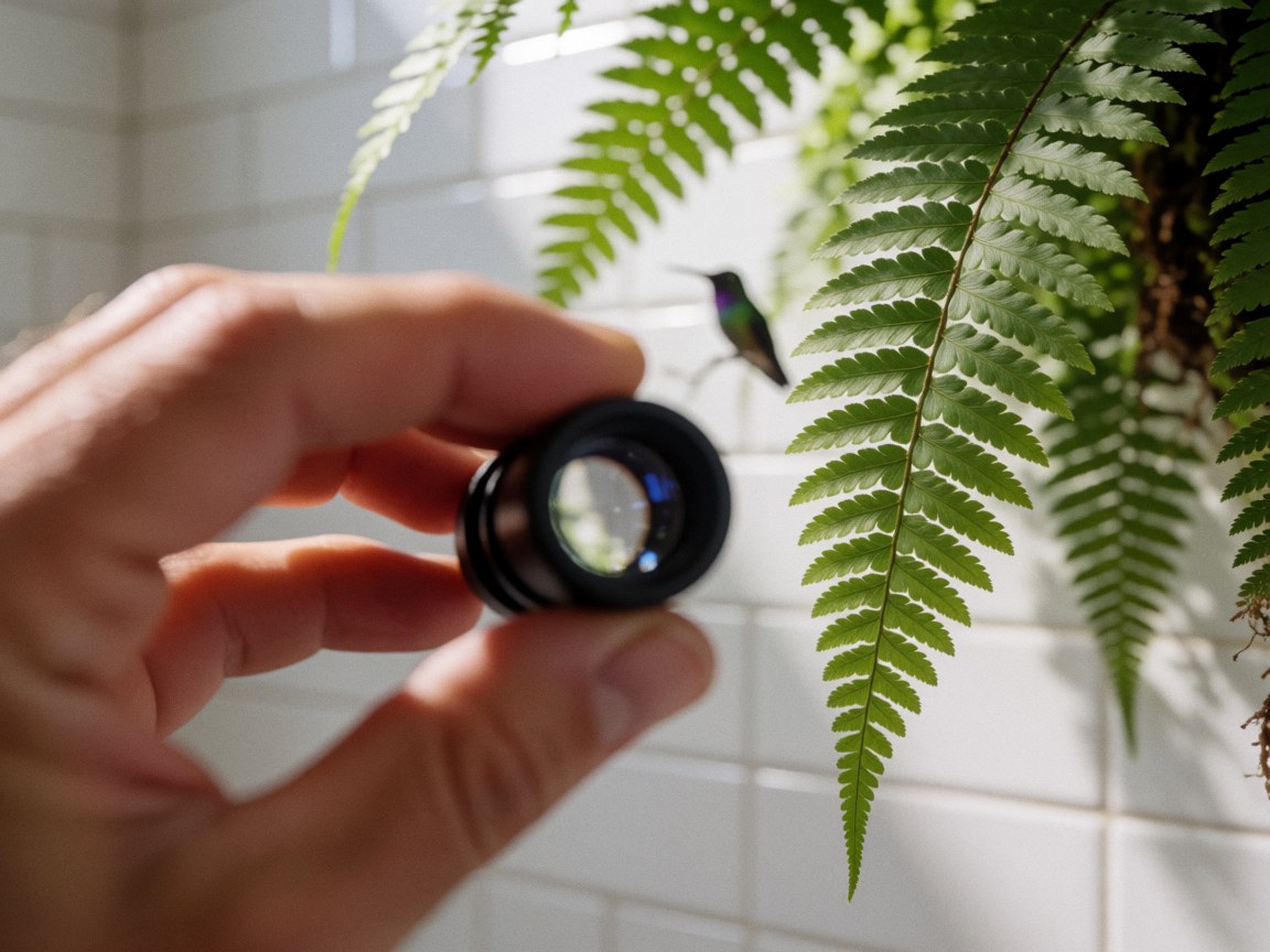 Close-up of a hand holding a magnifying glass near a green fern leaf with a hummingbird in the background and a white tiled wall.
