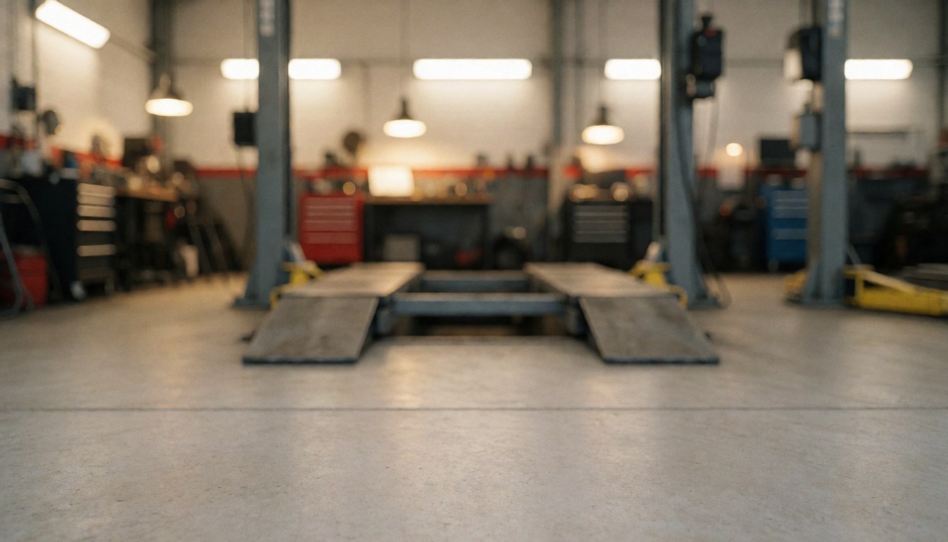 Empty car lift in a mechanic workshop with white walls and concrete floor, suitable for automotive repair service text background