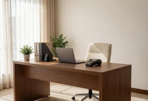 Clean massage therapy office interior featuring a wooden table, laptop, payment terminal, and plants illuminated by natural light.