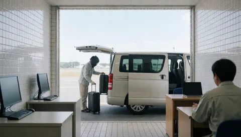 Person carrying luggage into the back of a white van at an airport with white tiled walls and an office with computers nearby