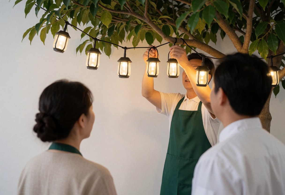 Technician installing solar lights on a tree with two customers watching in a warm professional atmosphere