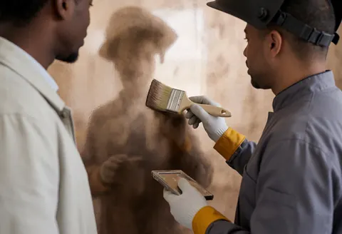 A painter uses a brush to apply glossy metallic paint to an interior wall while a client observes the decorative service in progress.