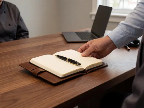 Close-up of a hand placing a notebook and pen on a wooden desk, ideal for business planning and organization