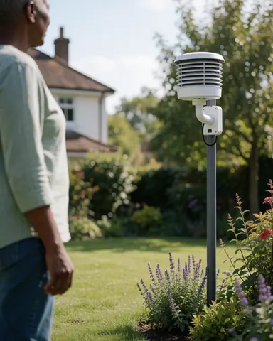 An adult person stands in a garden looking at a weather station with a house and trees in the background.