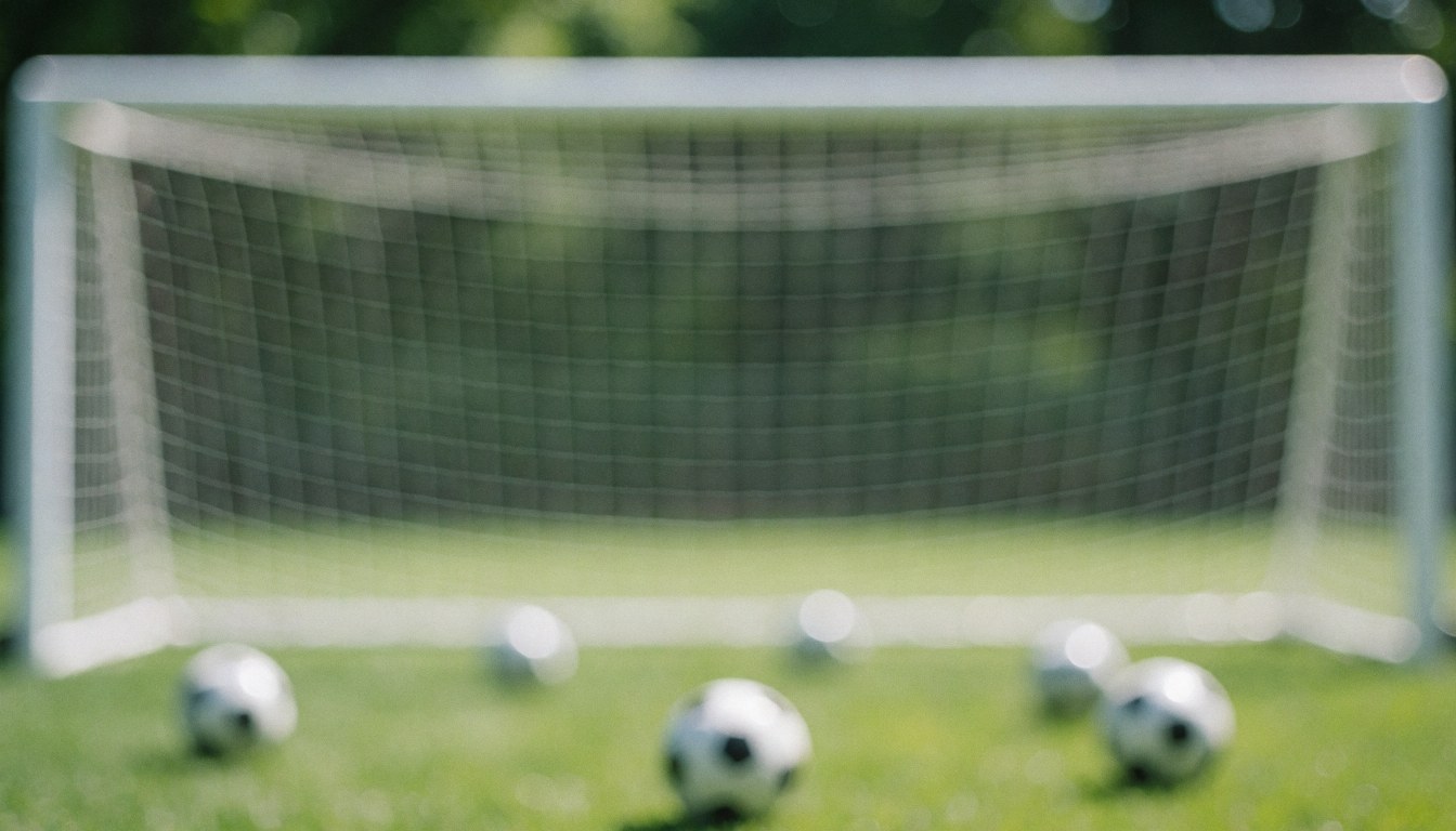 White soccer goal with balls on green grass, bokeh effect, ideal for sports background