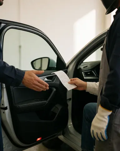 A worker hands a receipt to a customer inside a vehicle at a car wash, showing a clean interior and natural lighting in the service area.