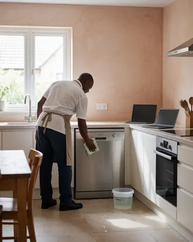 Appliance repair technician cleaning the floor near a dishwasher in a modern kitchen