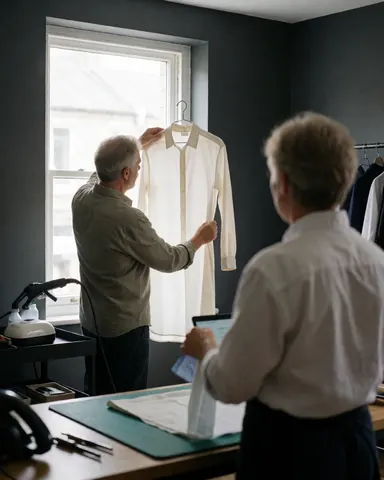 A customer checks a white shirt hanging in a textile printing workshop while another professional works on a tablet nearby.