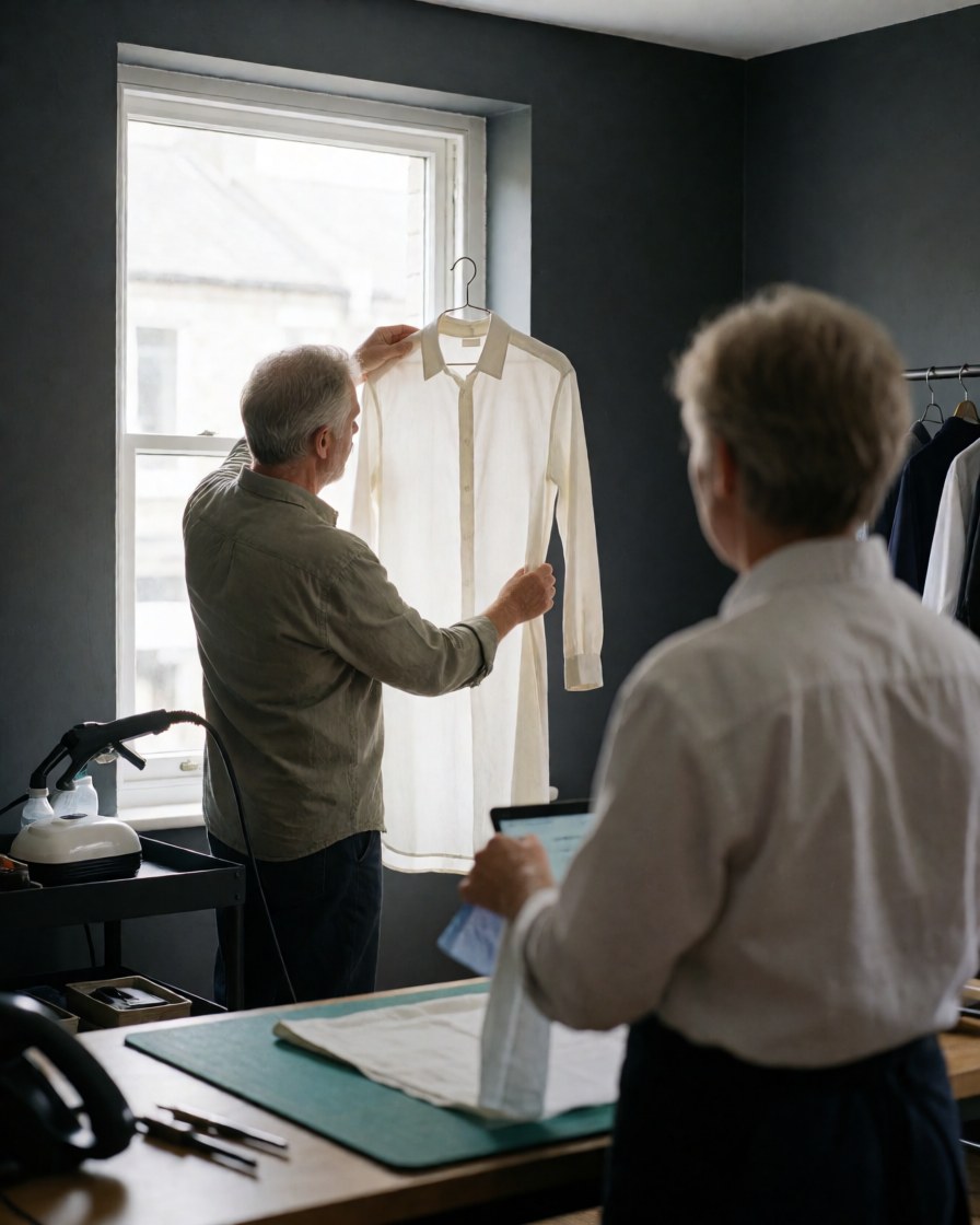 A customer checks a white shirt hanging in a textile printing workshop while another professional works on a tablet nearby.