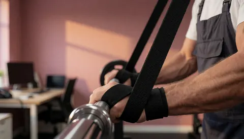 Close-up of hands gripping a chrome barbell while wearing black suspenders, highlighting fitness equipment and strength training details.
