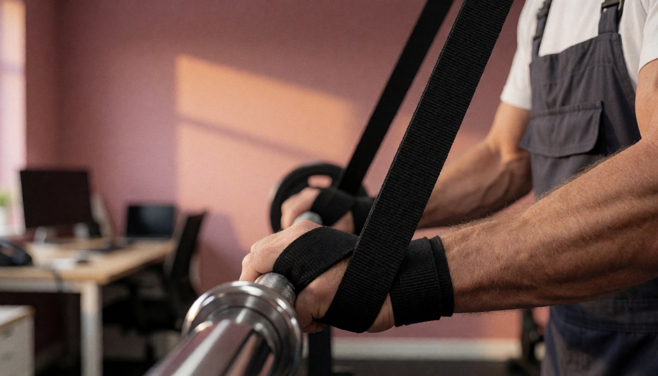 Close-up of hands gripping a chrome barbell while wearing black suspenders, highlighting fitness equipment and strength training details.