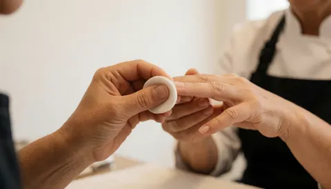 A manicurist wearing a black apron applies nail remover using a cotton pad on a fingernail in a salon with white walls.