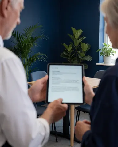 Two professionals review a tablet in a modern office with plants and blue walls.