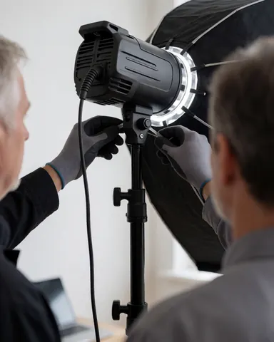 Photographer wearing gray gloves adjusts a black softbox in a white studio, focusing on the lighting setup.