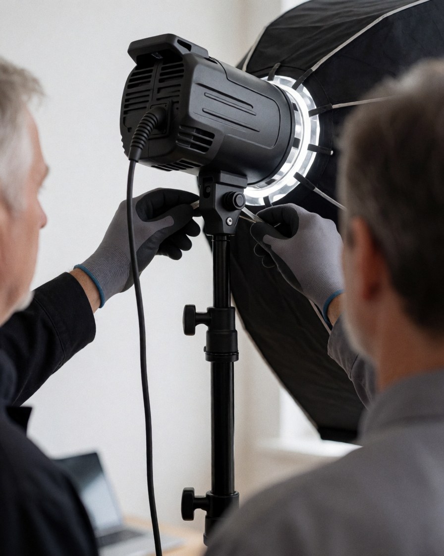 Photographer wearing gray gloves adjusts a black softbox in a white studio, focusing on the lighting setup.