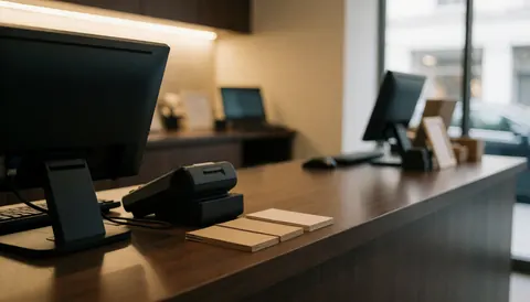 Store counter featuring a cash register, payment terminal, and brochures with warm lighting and a professional atmosphere for a tire shop.