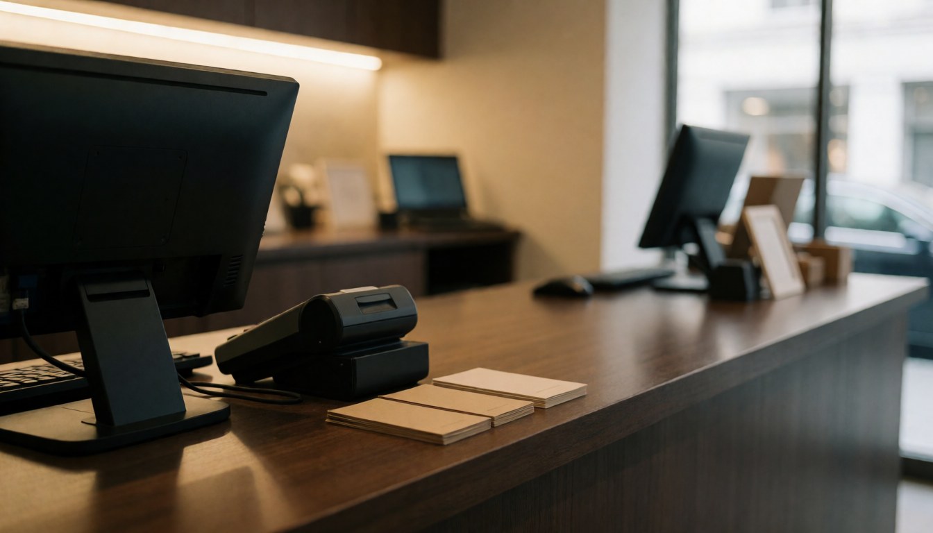 Store counter featuring a cash register, payment terminal, and brochures with warm lighting and a professional atmosphere for a tire shop.