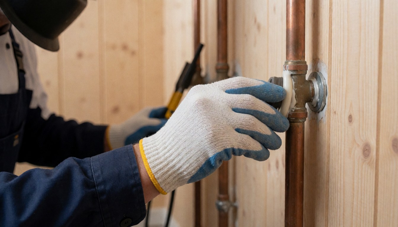 Close-up of a gloved hand applying sealant to a copper pipe against a wooden wall background