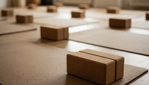 Wooden yoga blocks and mats in a studio with warm light, ideal for text background