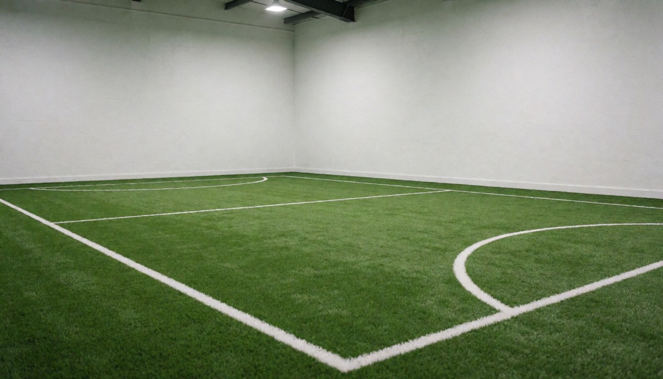 Empty indoor soccer field with white boundary lines and bright lighting, suitable for a sports club website background