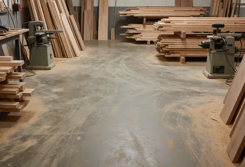 Carpentry workshop floor with stacked wood, concrete surface covered in sawdust, and industrial machines suitable for kitchen installers.