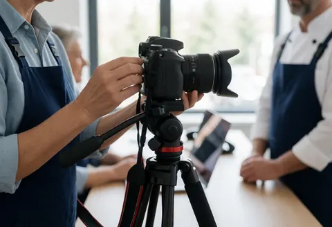 Professional adjusting dslr camera on tripod in kitchen with chef in background for restaurant business