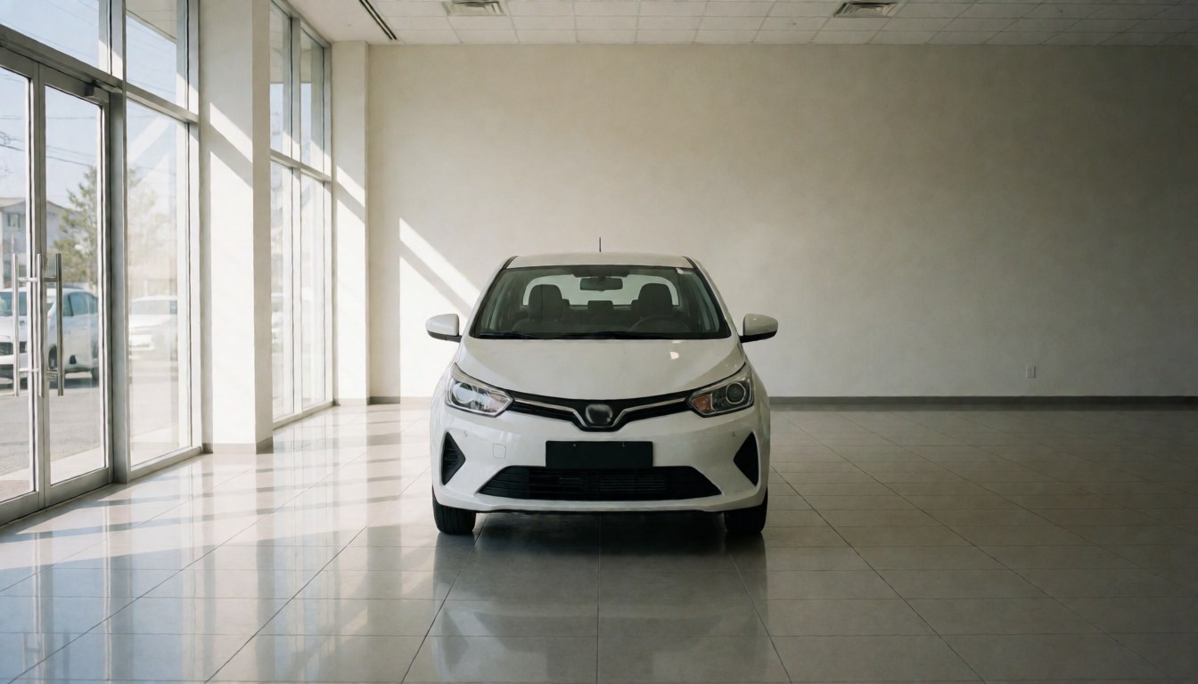 White vehicle displayed in a car dealership showroom featuring reflective flooring, neutral walls, and natural light from glass windows.