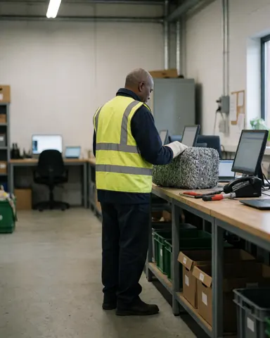 Worker in safety vest inspecting a bale of metal shavings in an industrial workshop with computers and work tables