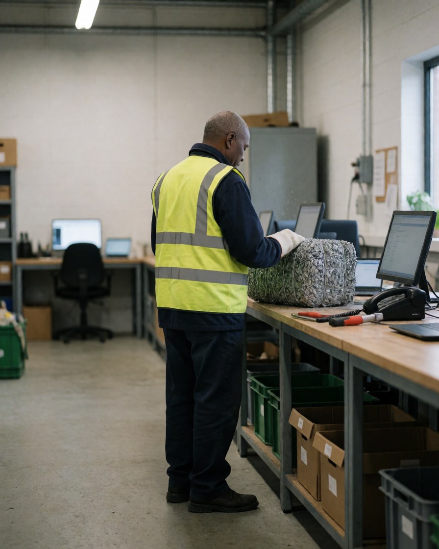 Worker in safety vest inspecting a bale of metal shavings in an industrial workshop with computers and work tables
