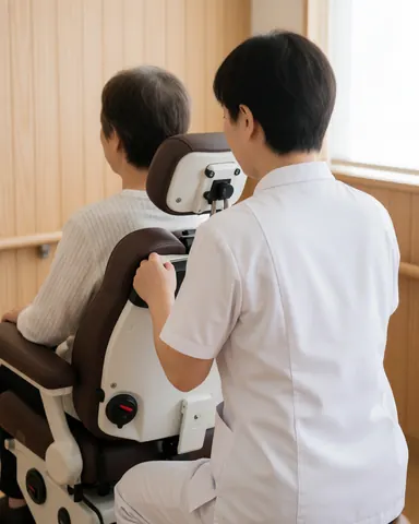 Therapist in white uniform adjusts a massage chair for an older client in a room with wooden walls and natural light.