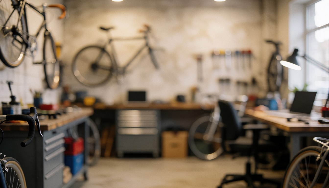 Bicycles hanging in a bike workshop with tools on workbenches, ideal for text backgrounds