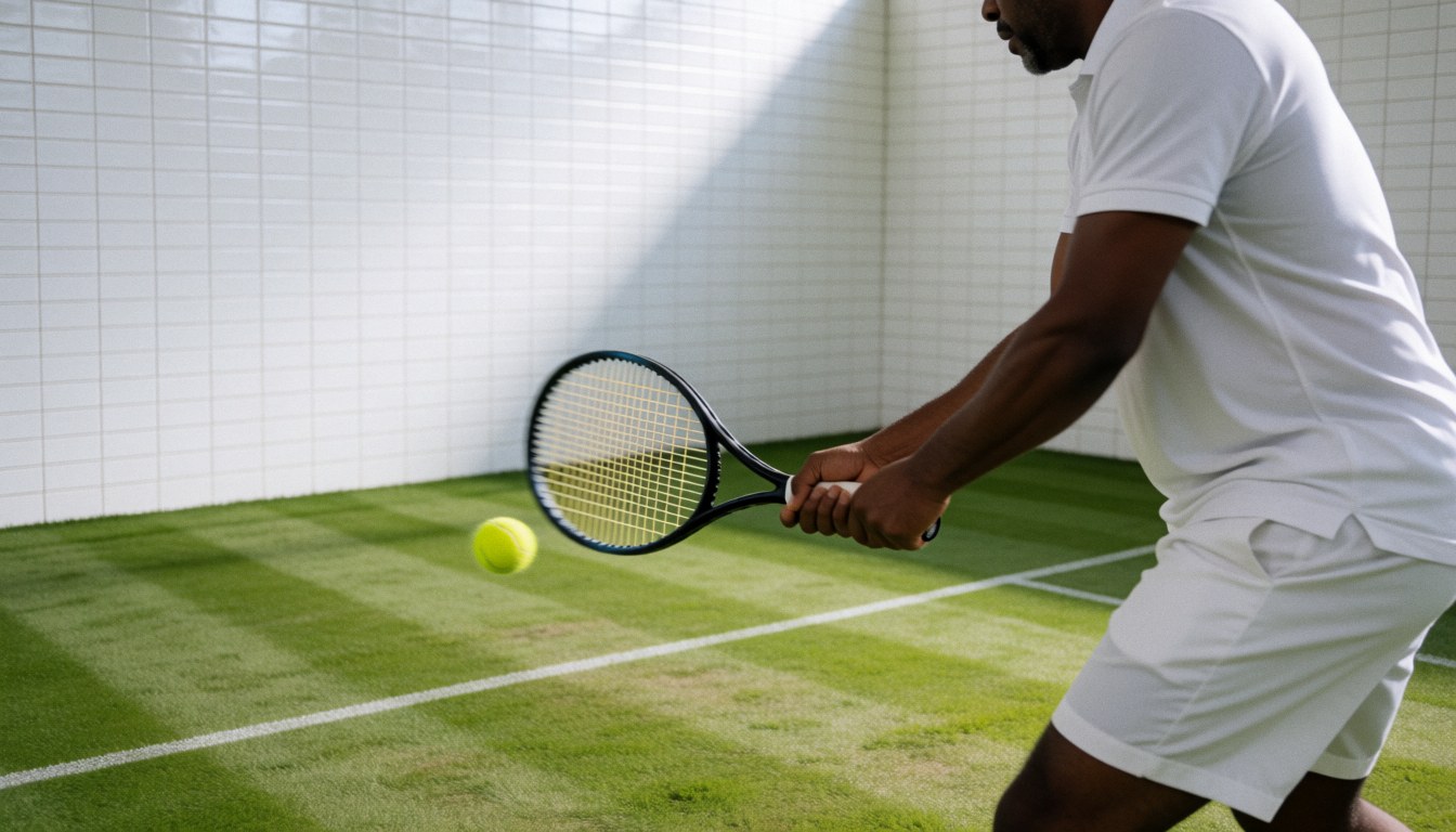A tennis player hitting a ball with a racket on a court with white tiled walls, ideal for a tennis club.