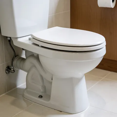 Close-up view of a new white ceramic toilet installed in a bathroom with white tiles and a clean tiled floor, suitable for bathroom installation business marketing.