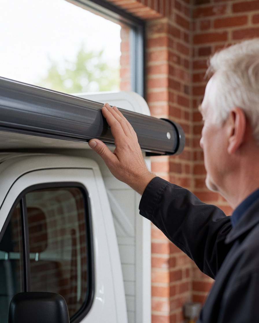 Close-up of a hand securing a gray awning onto the side of a white truck parked near a brick wall during daytime installation.