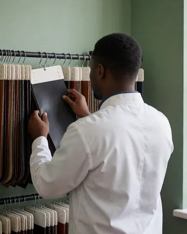 A worker in a workshop examines leather material samples on a shelf against a green wall, showcasing professional craftsmanship and texture.