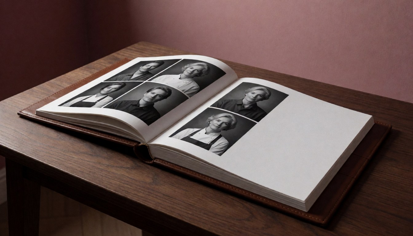 Open photo album displaying black and white portraits on a wooden table, suitable for a photographer website hero section