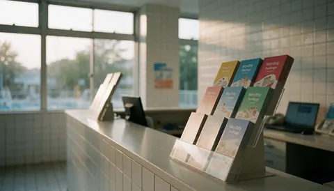 Monthly membership brochures on a reception desk with white tiled walls and soft sunset lighting in a swimming facility