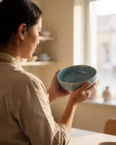 A woman examines a blue ceramic mug in a craft workshop with natural light and shelves in the background.