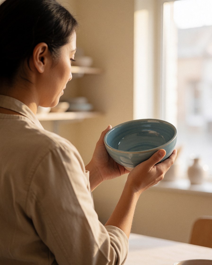 A woman examines a blue ceramic mug in a craft workshop with natural light and shelves in the background.