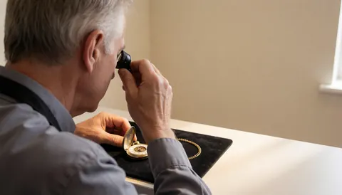 A watchmaker inspects an open pocket watch using a magnifying glass on a black surface in a workshop with beige walls and natural light.
